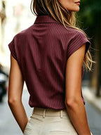 Women's Elegant -Neck Short-Sleeve Shirt - -Front Placket, Striped Collar Top, Machine Washable Suitable for Commuting, Office & Semi-Formal Wear, Year-Round Versatile -Front Shirt - Burgundy