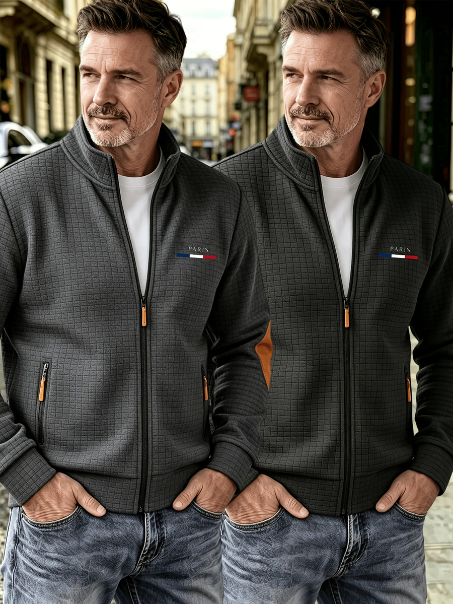 2pcs Men'S Autumn Winter Sports Small Stand-Up Collar Zipper Pocket Jacket, Spring Autumn Versatile Zipper Cardigan Top, Fashionable Plaid Jacquard Texture Fabric, Stylish Elbow Classic Color-Block Casual Coat, Suitable As Men'S Holiday Gift - Gray+black