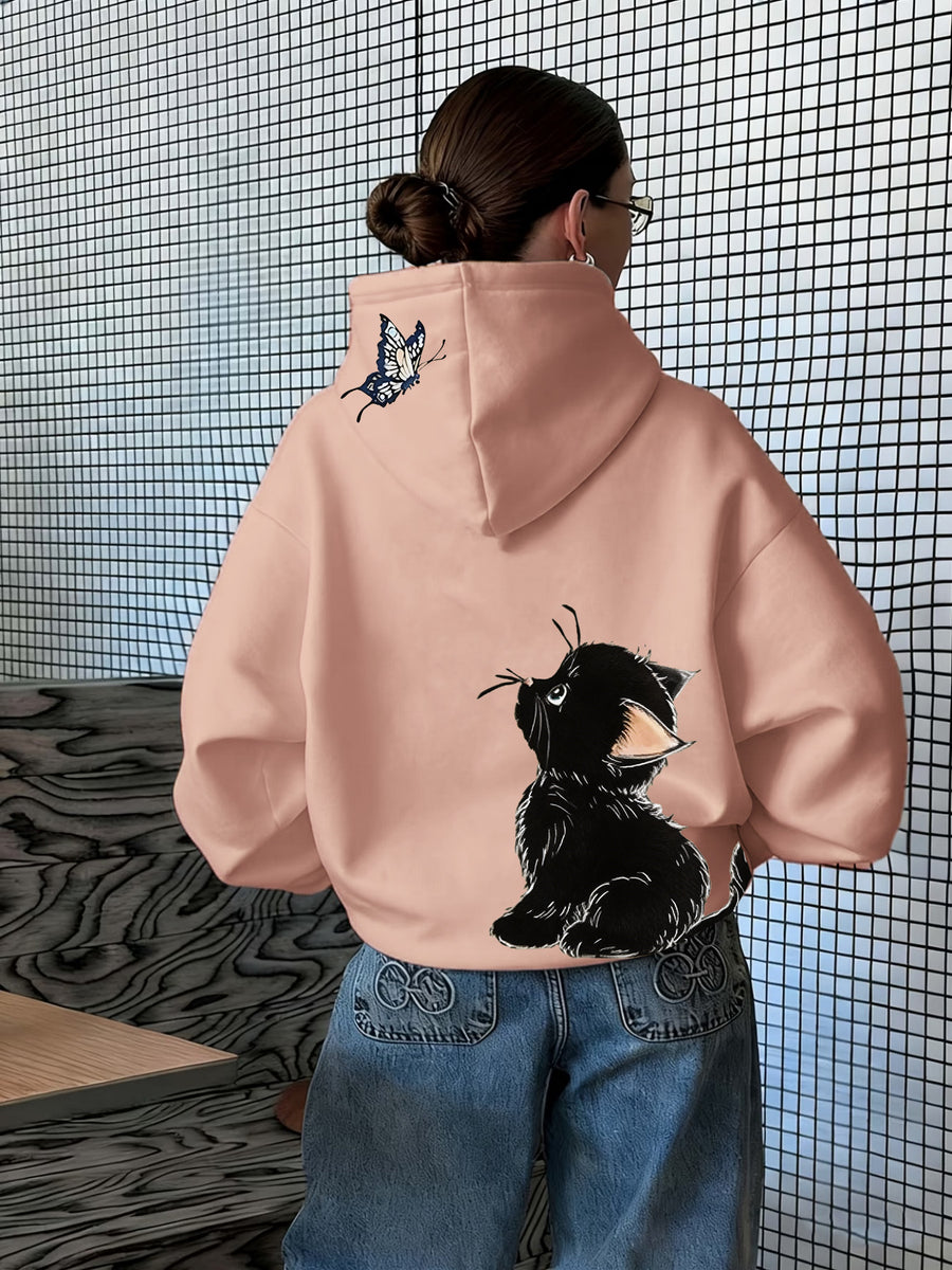 Fun 1pc Hooded Sweatshirt with Hand-Drawn Cute Little Black Cat Illustration Featuring a Butterfly, Pet Element, and Adorable Style Apparel Print - Pink