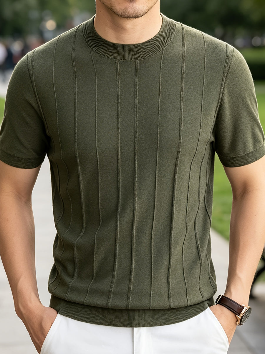 2026 Summer New Laysier And Linen Men'S Textured Vertical Pock-Dot Knit Short Sleeve Light Business Gentleman All-Match Round Neck Solid Color Casual T-Shirt - Olive Green