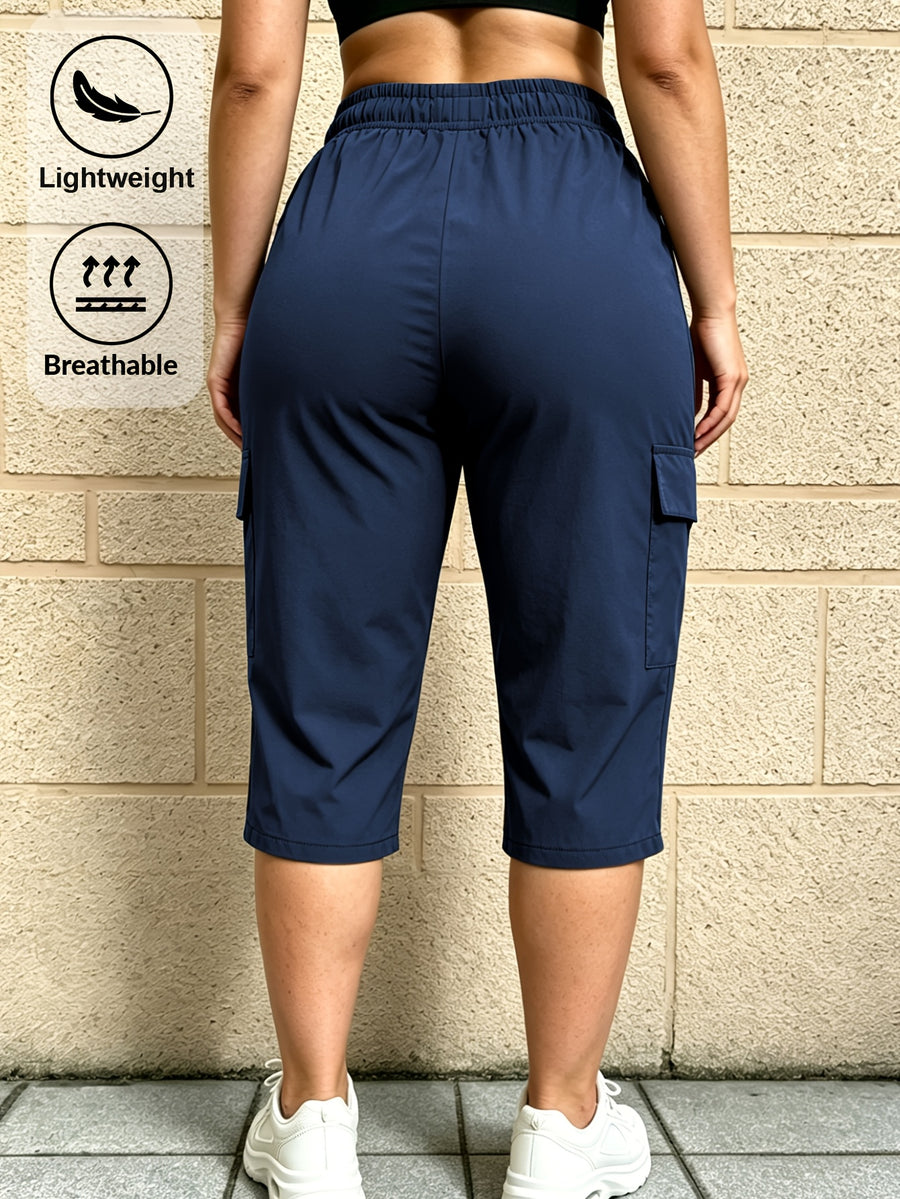 Women's Y Casual Cropped Shorts with Elastic Waist, Drawstring, Zipper, and Multiple Pockets. Lightweight Cargo Cargo Pants Suitable for Training, Mountaineering,, Travel,, and Daily Commuting - Blue