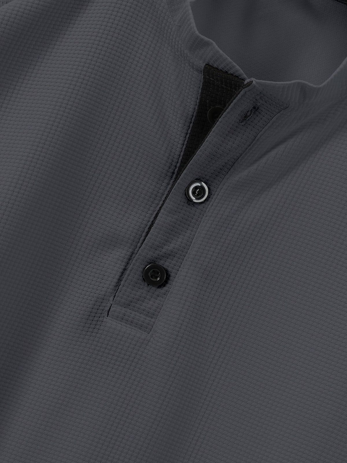Breathable and Comfortable Men's Casual Short-sleeve Henley Waffle Knit Shirt with a Stand-up Collar - Dark Gray