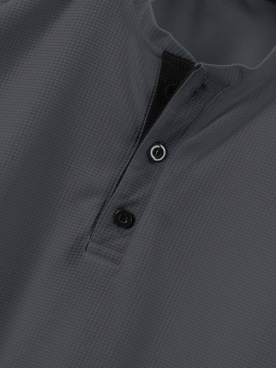 Breathable and Comfortable Men's Casual Short-sleeve Henley Waffle Knit Shirt with a Stand-up Collar - Dark Gray