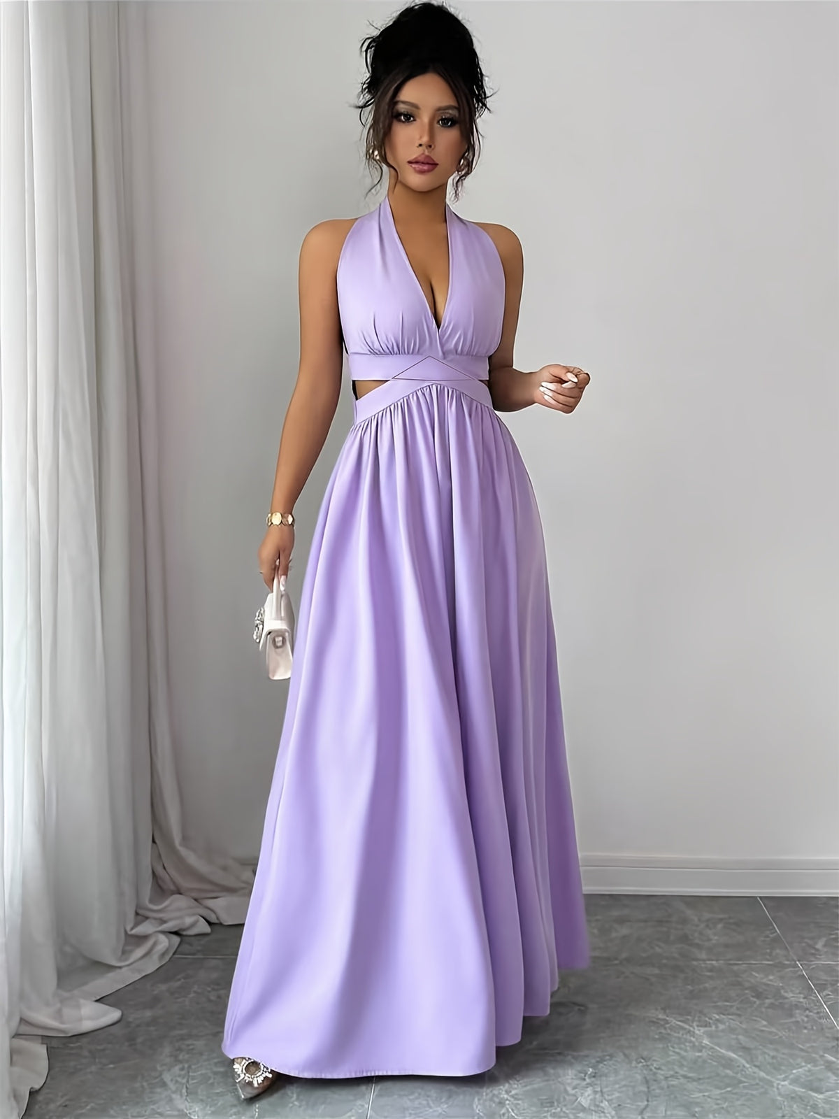 Women's Elegant Navy Blue Halter Backless Bridesmaid Dress - Deep V-Neck Wedding Dress with Shirred Waist & Elastic A-Line Hem, Machine Washable Suitable for Banquet, Party, Prom, Special Occasions, Non- Solid Color - Purple