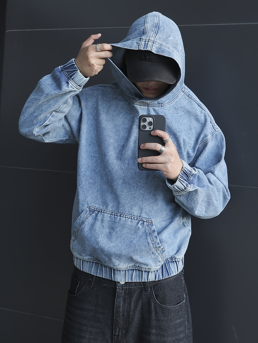 YASUYUAN Men's Light Color Denim Hooded Jacket - Loose Fit -Blend (Suitable for all-Season Wear) with Shrunk Hem & Sleeve Roll, Casual Outerwear, Machine Washable Denim Coat - Blue