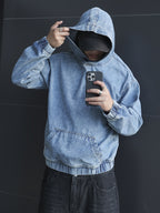 YASUYUAN Men's Light Color Denim Hooded Jacket - Loose Fit -Blend (Suitable for all-Season Wear) with Shrunk Hem & Sleeve Roll, Casual Outerwear, Machine Washable Denim Coat - Blue