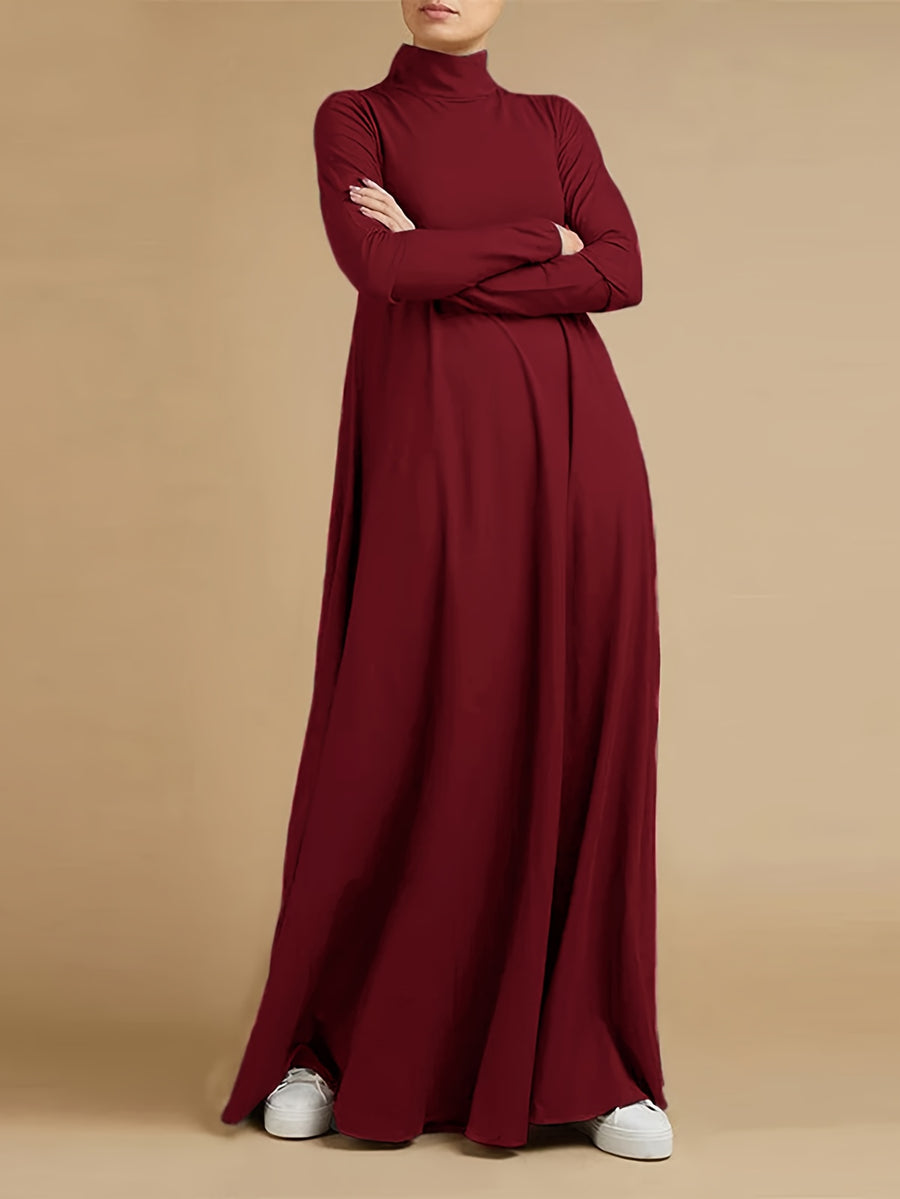 Women'S High Neck Long Sleeve Casual Loose Solid Color Long Dress - Burgundy