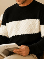 Men's Du Jing Lan OBM Contrast Color Knit Sweater - Old Money Style Business Casual Pullover with Color-Blocking, Ribbed Crew Neck Sweater Suitable for Layering, Golf, Basketball, Outdoor & Daily Wear, Spring/Autumn Winter Wardrobe - Black
