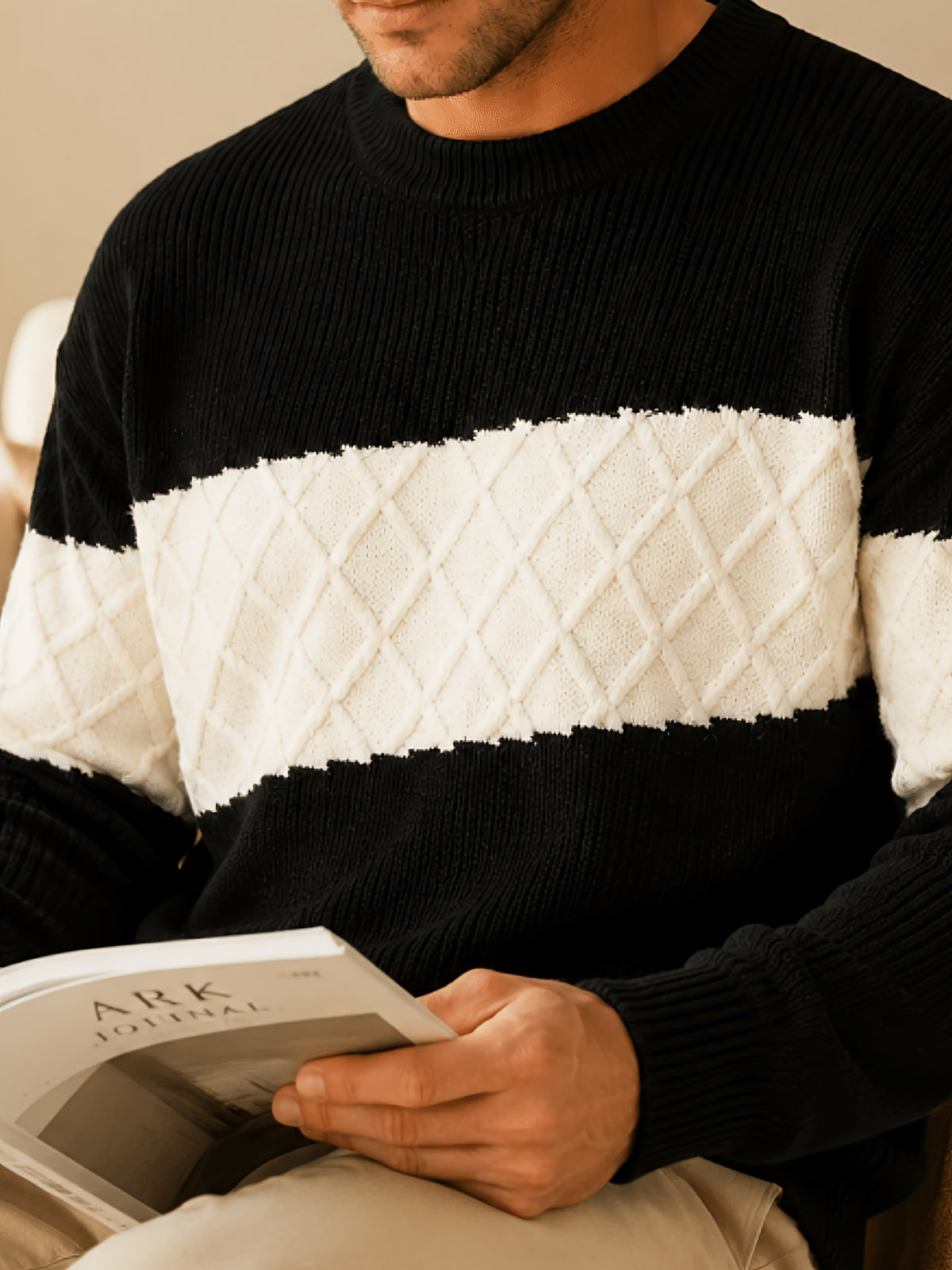 Men's Du Jing Lan OBM Contrast Color Knit Sweater - Old Money Style Business Casual Pullover with Color-Blocking, Ribbed Crew Neck Sweater Suitable for Layering, Golf, Basketball, Outdoor & Daily Wear, Spring/Autumn Winter Wardrobe - Black