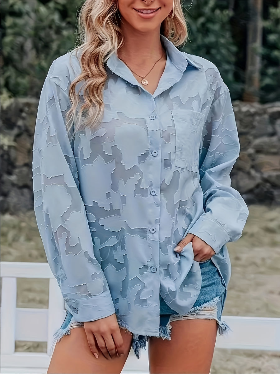 Elegant Women's Blouse, Long-sleeve Jacquard Top, 100% Polyester Solid Color, Button Details, Fabric, Suitable for Spring, Summer, and Autumn - Sky Blue
