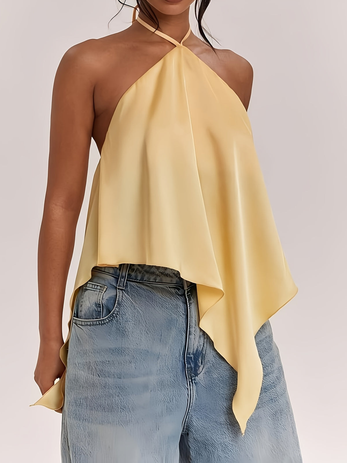 Women's Casual Vacation Backless Asymmetric Hem Solid Color Satin Camisole, Suitable for Beach Vacations, Beach Leisure, Casual Getaways, and Other Occasions, an Elegant Camisole. - ginger-colored
