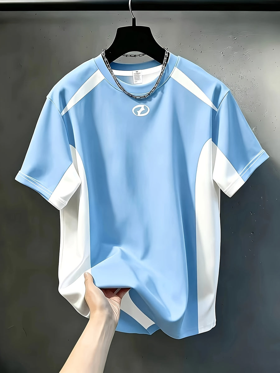 Men's Casual Crew Neck T-Shirt, Color Block Design, All-Season Fashion Top, Breathable Regular Fit for Daily and Formal Wear - Crew Neck Casual Top, Comfortable to Wear, Gift for Teens and Adults, Outdoor Activity Shirt, Sporty Style - Sky Blue