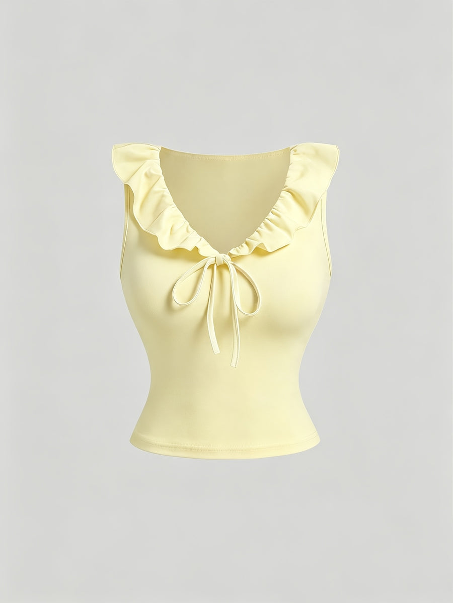 DJ260329505 Women's Elegant Top, French-Style Vintage Red Ruffle Tie-Back Vest T-Shirt, Slim Fit with Waist Cinching, Full of Pure Desire and Spicy Style, Brightens Light Beige and Enhances Temperament, Versatile for Daily Wear, Suitable for Dates - Lemon Yellow