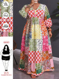 Plus Size, Plus Size Women's Bohemian Maxi Dress V-Neck Front Tie Waist Bell Sleeve -Line Dress with Patchwork Print & Elastic Waist Suitable for Petite Plus Figures, Wedding Guest Dress, Machine Washable Fall Winter Long Dress - Mixed colors