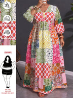 Plus Size, Plus Size Women's Bohemian Maxi Dress V-Neck Front Tie Waist Bell Sleeve -Line Dress with Patchwork Print & Elastic Waist Suitable for Petite Plus Figures, Wedding Guest Dress, Machine Washable Fall Winter Long Dress - Mixed colors