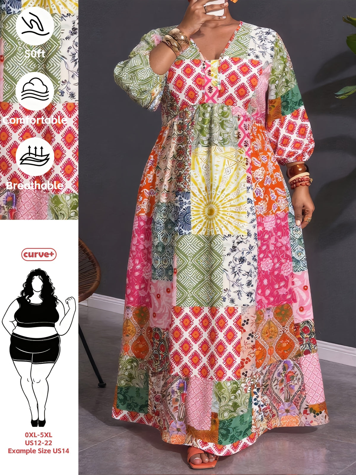 Plus Size, Plus Size Women's Bohemian Maxi Dress V-Neck Front Tie Waist Bell Sleeve -Line Dress with Patchwork Print & Elastic Waist Suitable for Petite Plus Figures, Wedding Guest Dress, Machine Washable Fall Winter Long Dress - Mixed colors