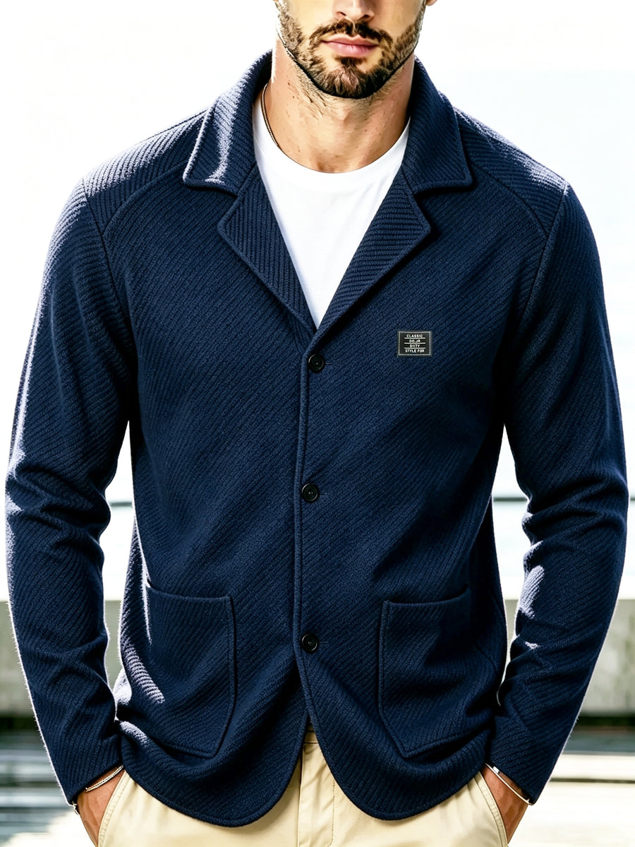 Men's New Spring, Autumn, and Winter Collection: Twill Textured Fabric Single-Breasted Notched Lapel Cardigan with Double Pockets, a Versatile Long-Sleeve Business Casual Outerwear. Soft, Comfortable, and Stylish Knitted Solid-Color Jacket - Navy Color