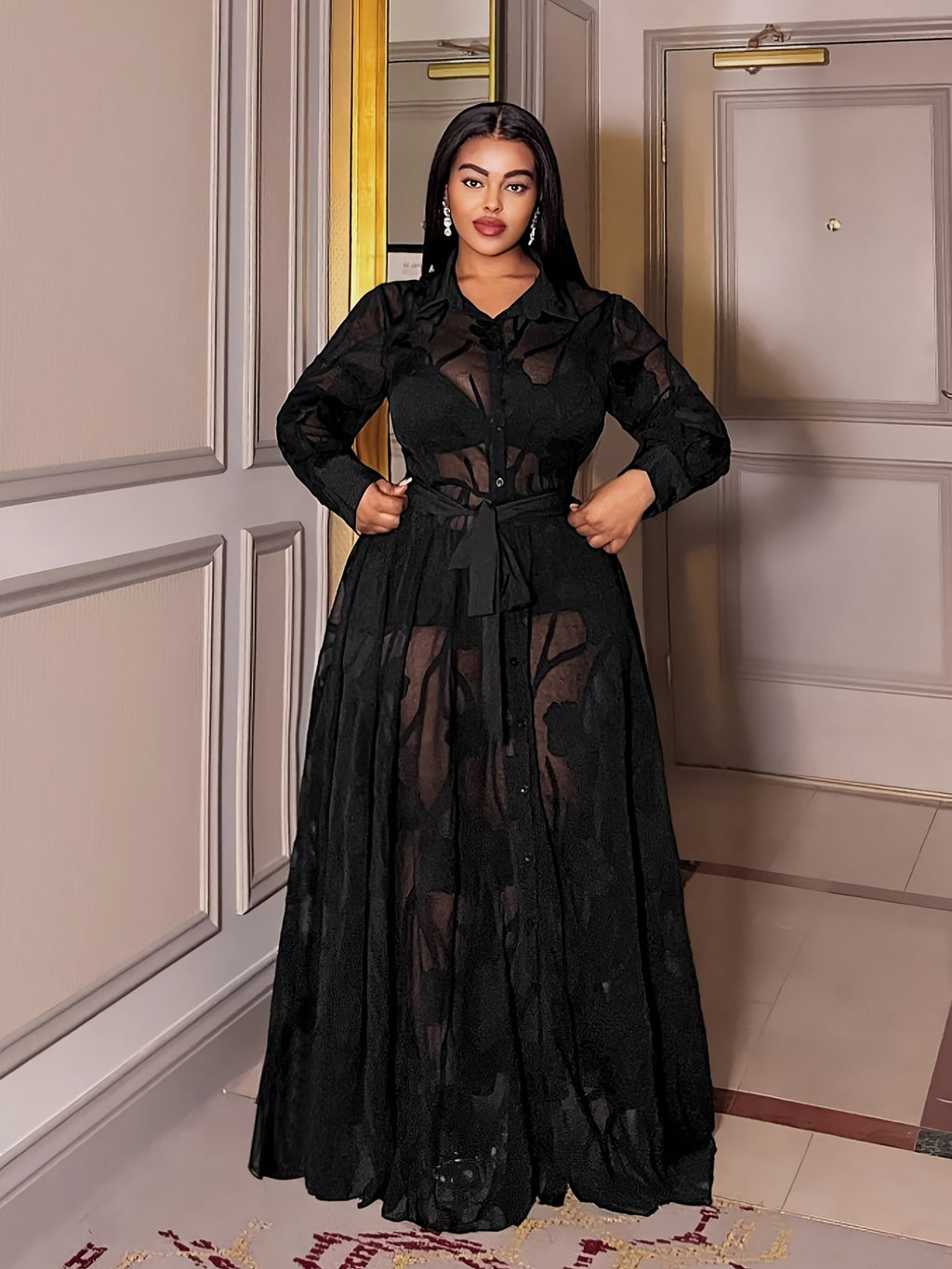 Plus Size Women'S Elegant Sexy Jacquard Lace Dress - Black