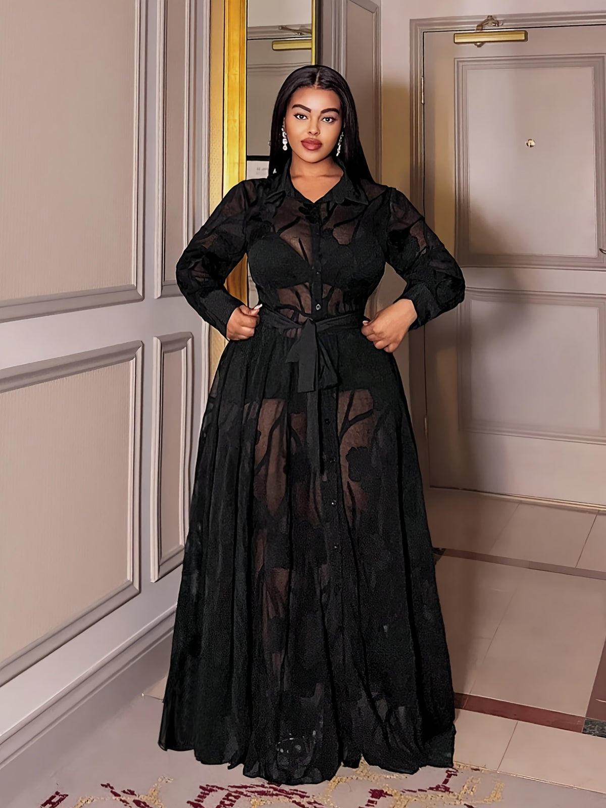Plus Size Women'S Elegant Sexy Jacquard Lace Dress - Black