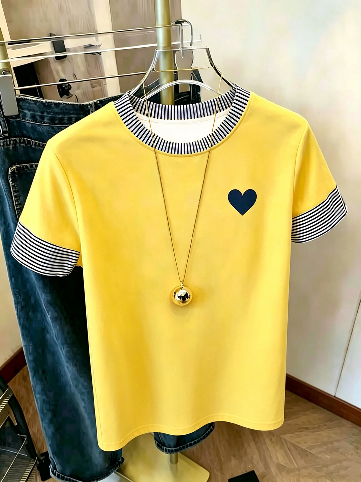Striped Contrast Print Round Neck Short Sleeve T-Shirt, Women'S Easy Navy Small Heart Print Loose Casual Top - Yellow