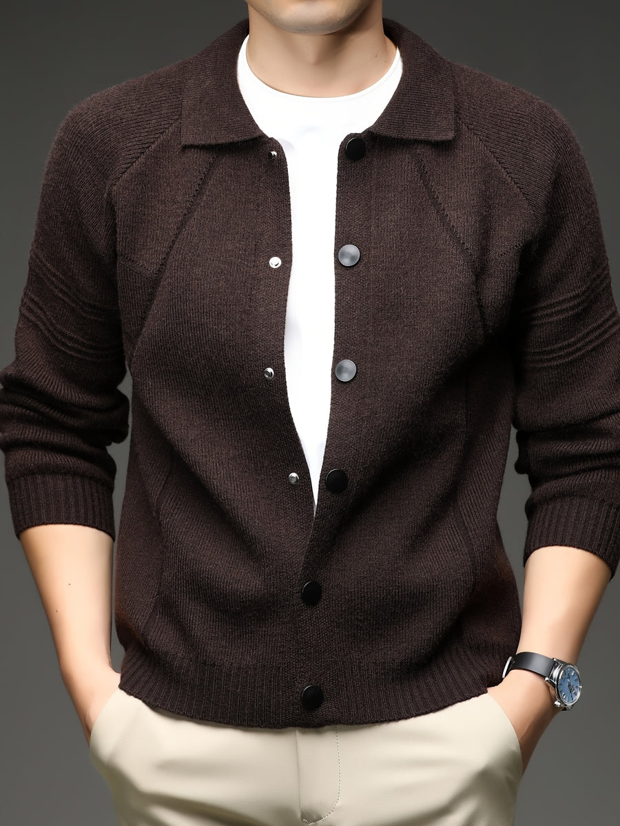 [Xingfan] Autumn Winter Men'S Long Sleeve Cardigan Lapel Business Casual Solid Color Thick Knit Thickened Jacket - Coffee Color