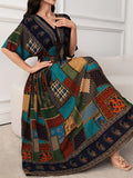Paisley Print V-Neck Short Sleeve Waist-Cinching Ruched Tie Long Elegant Women's Dress - Multicolor