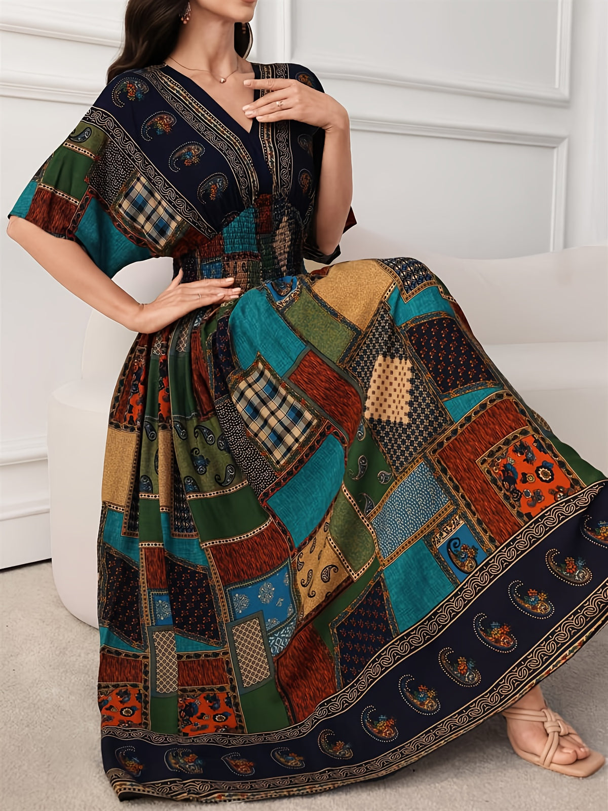Paisley Print V-Neck Short Sleeve Waist-Cinching Ruched Tie Long Elegant Women's Dress - Multicolor