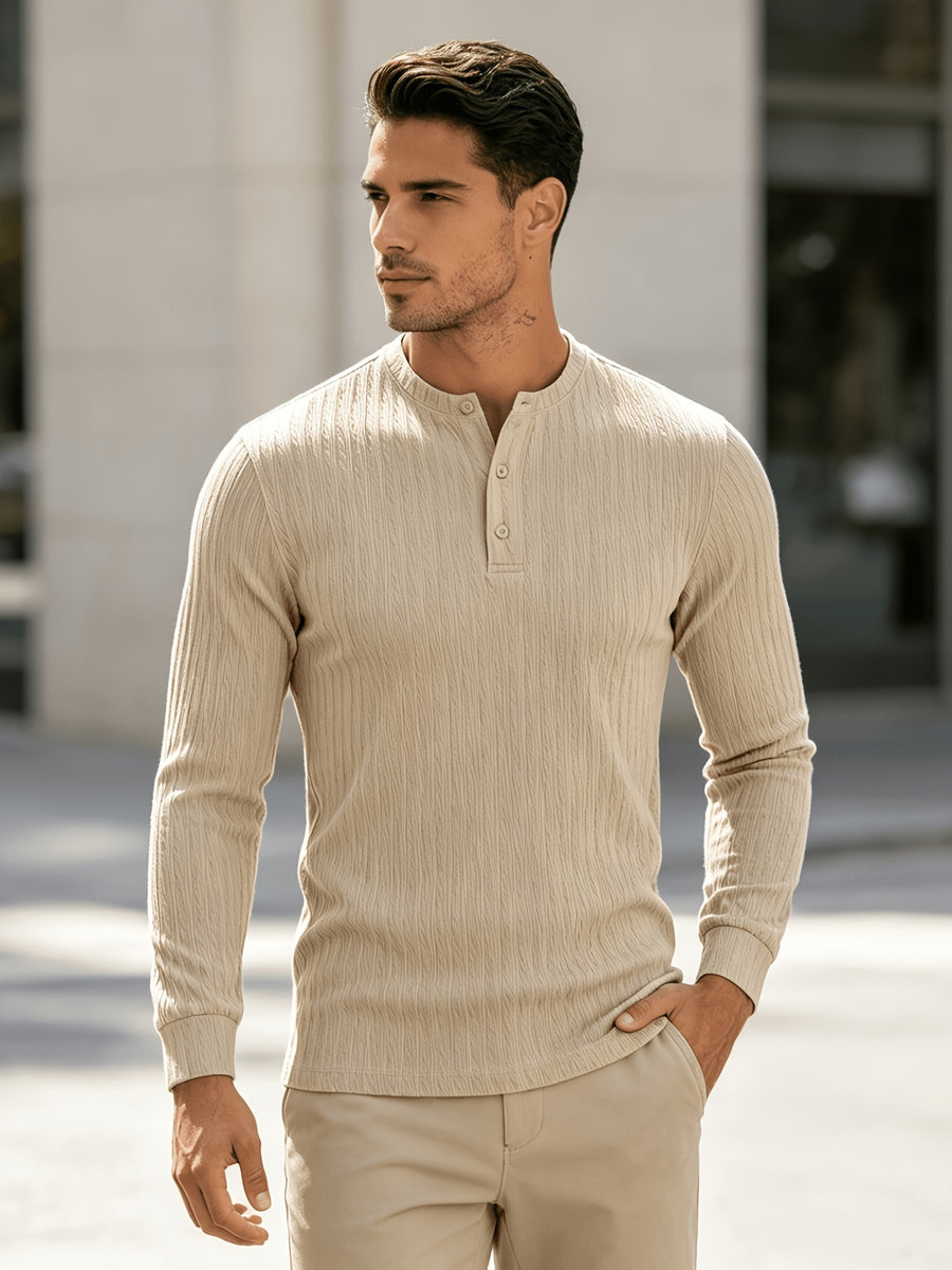American-style Heavyweight Men's Knit Vintage Stretch Textured Pattern Casual Loose Fit Versatile Commuter Long-Sleeve Henley Shirt - Khaki