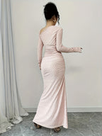 Ladies Elegant Fashion Office Commute Ladies Charm Long Sleeve Asymmetrical Neckline Pleated Slim Fit Bodysuit Collar Solid Color Textured Long Dress Directed - Pink