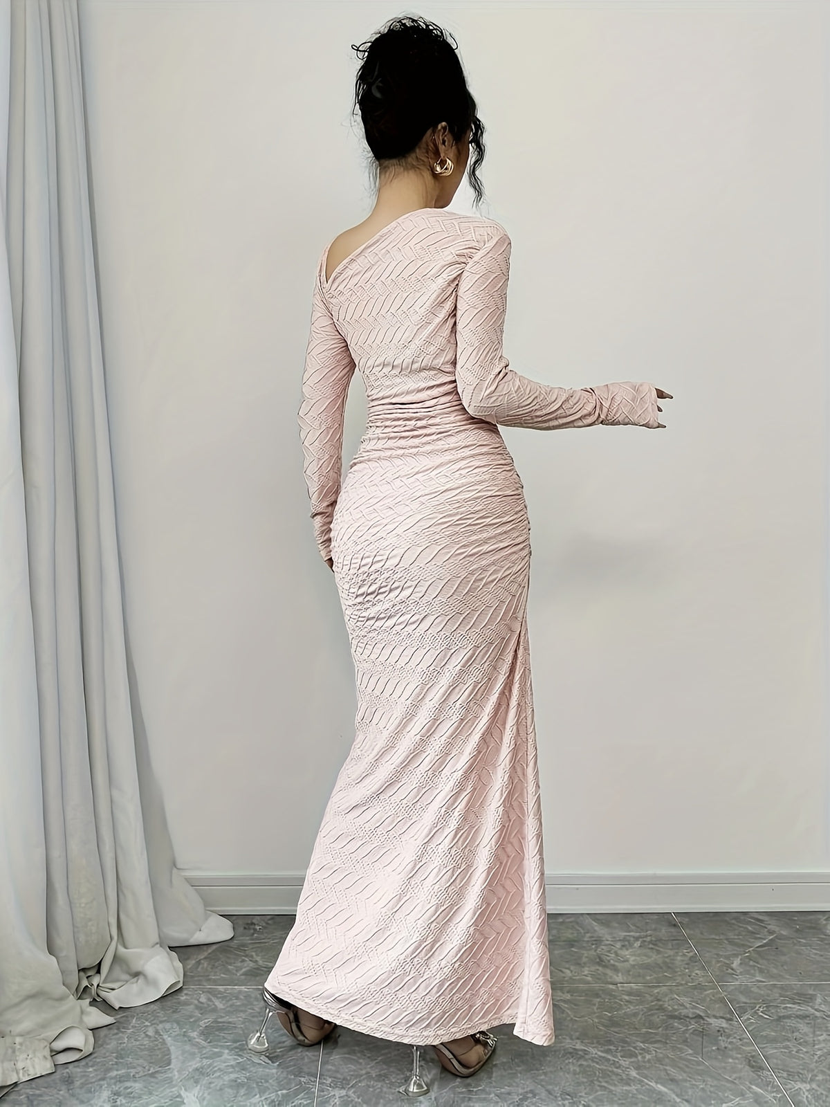 Ladies Elegant Fashion Office Commute Ladies Charm Long Sleeve Asymmetrical Neckline Pleated Slim Fit Bodysuit Collar Solid Color Textured Long Dress Directed - Pink