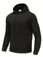 Men's Solid Color Hooded Sweatshirt, Spring/Autumn Loose Fit with Kangaroo Pocket and Drawstring, Pullover Hoodie for Daily Casual Wear, Long Sleeve Sport Top - Black