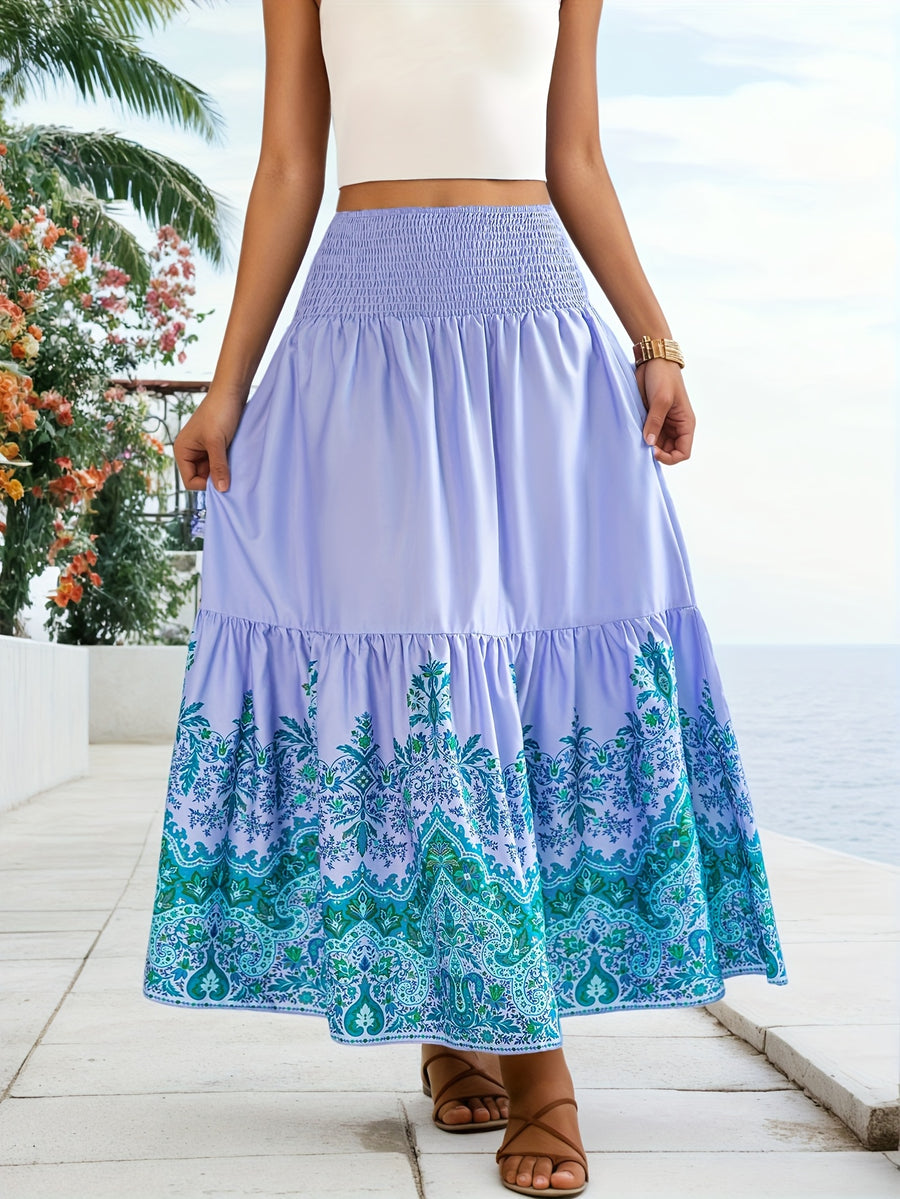 Flower Print Gathered Maxi Skirt - Light Purple