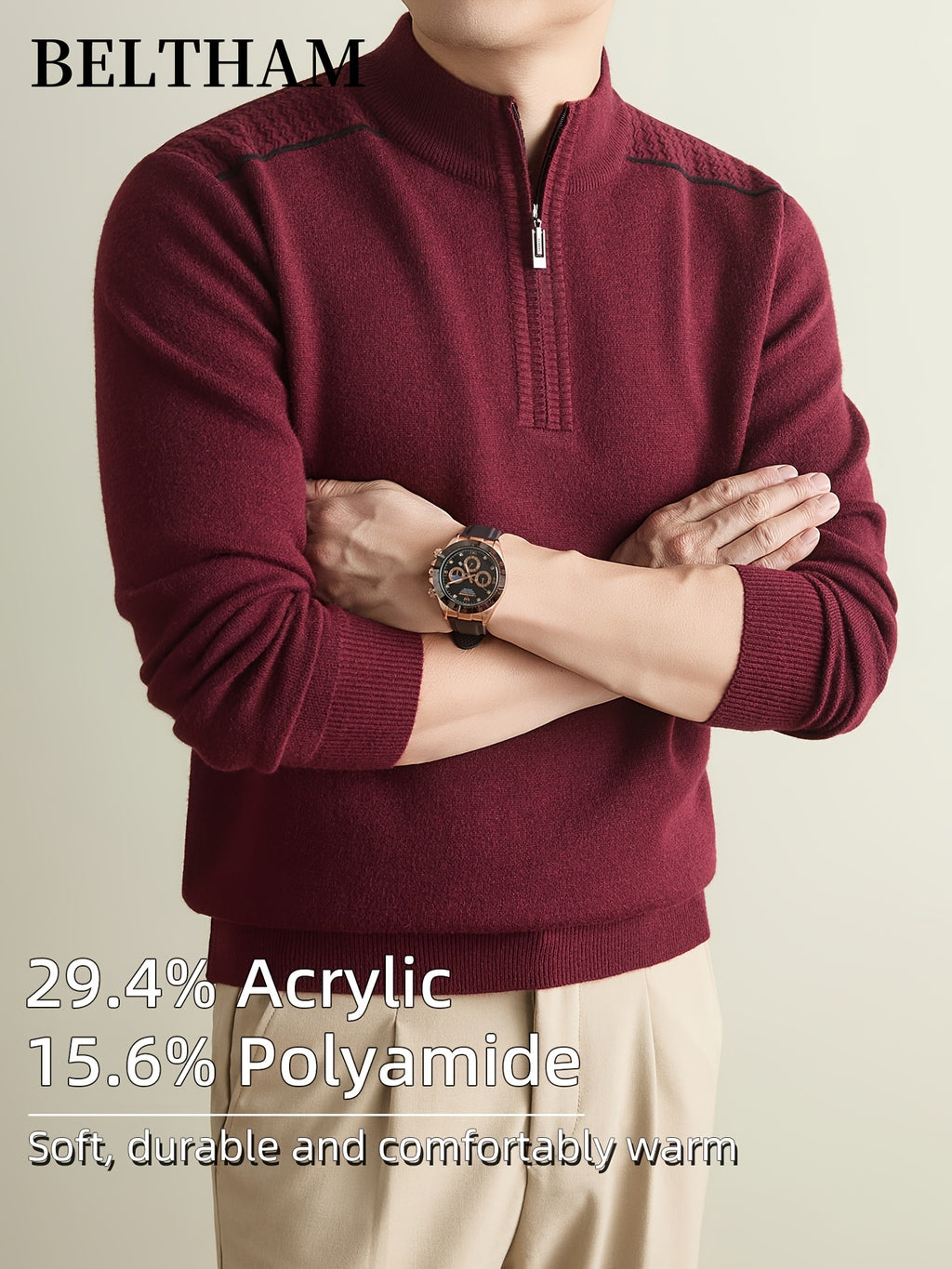 Autumn Winter Men'S Long Sleeve Pullover Knit Sweater, Ideal Gift for Father And Husband, Mock Neck Zipper Design, Warm Soft Comfortable Knitted Jumper, Elegant Fashion Top for Daily Casual Sports Fishing Camping Outdoor Wear - Burgundy