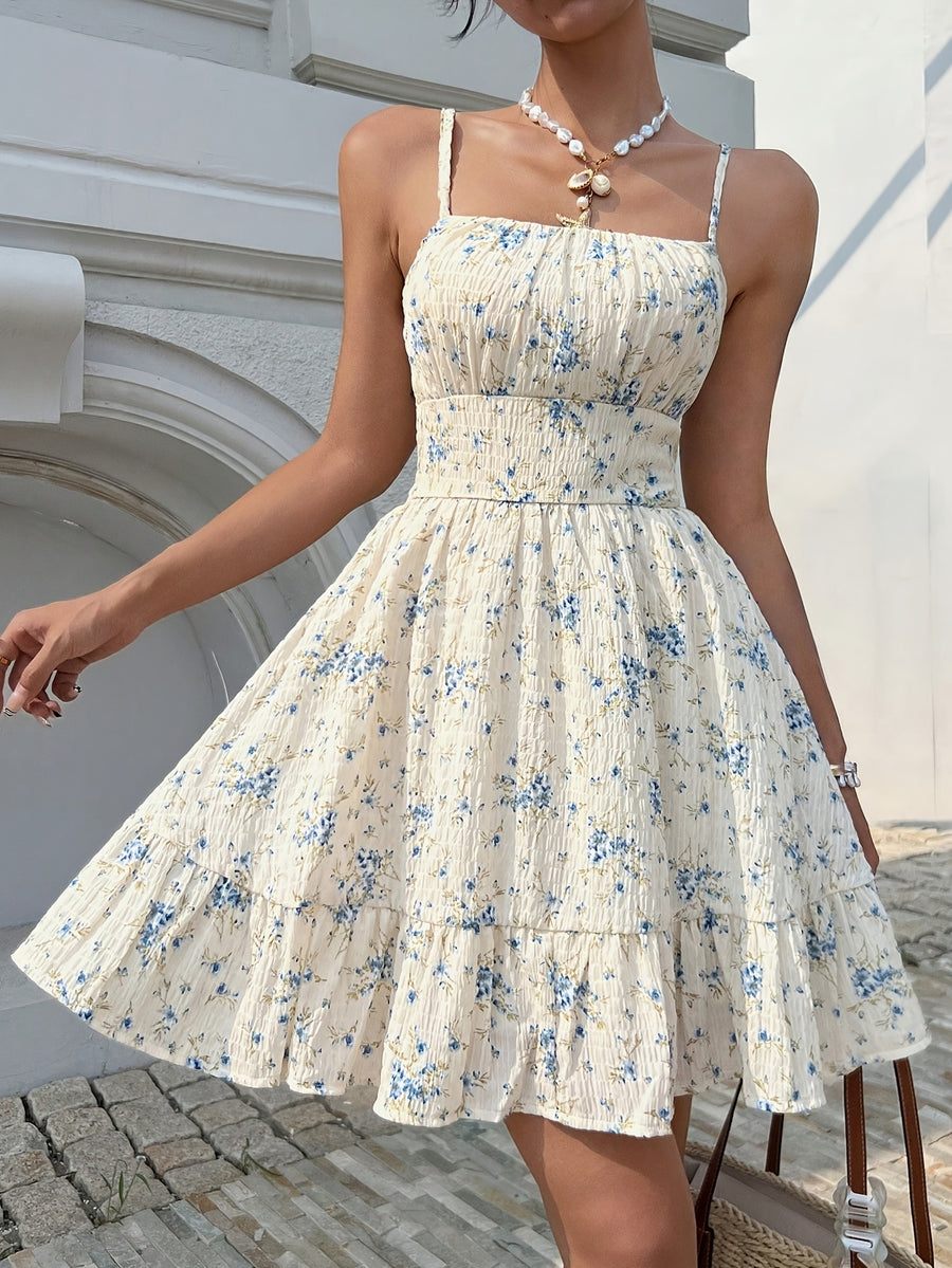 Printed Floral Dress with Ruffle Hem, Thin Spaghetti Straps, and Pleated Texture, Bohemian Style, Suitable for Beach Vacations, Banquets, Graduation Season Parties, Weddings, and as a Bridesmaid Dress for Women - Ivory White