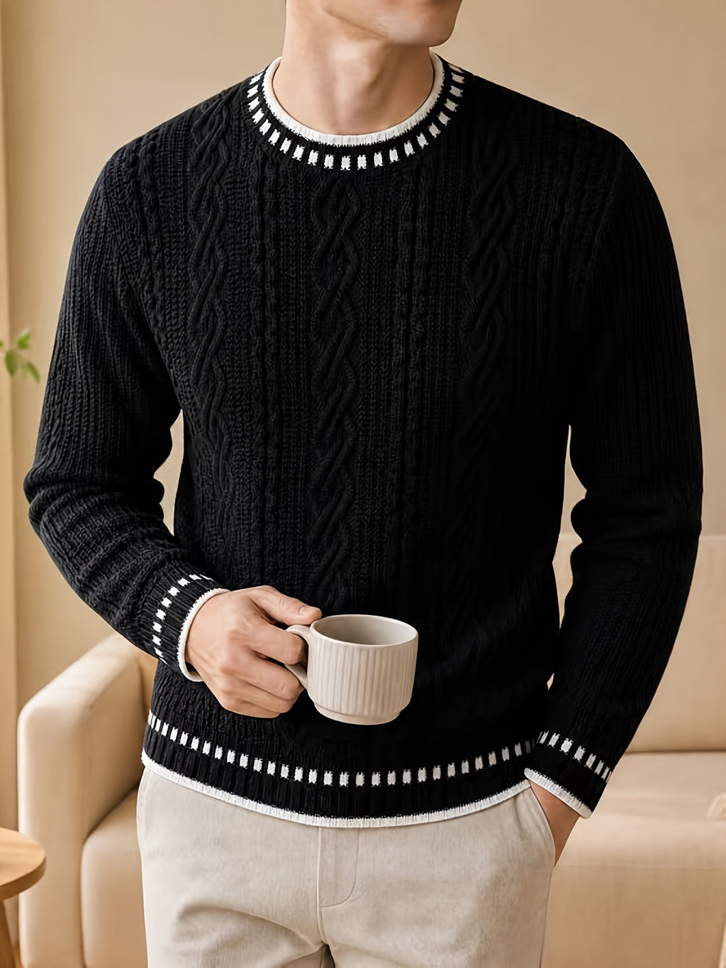 Black Friday, Christmas, Thanksgiving Pre-Heat, Men's Acrylic Blend Five-Color Options, Cable Knit, Contrast Stripe Ribbed Crew Neck Pullover Sweater with Contrast Stripes at Neckline, Cuffs, and Hem, Vintage Casual Daily Wear for Autumn/Winter - Black