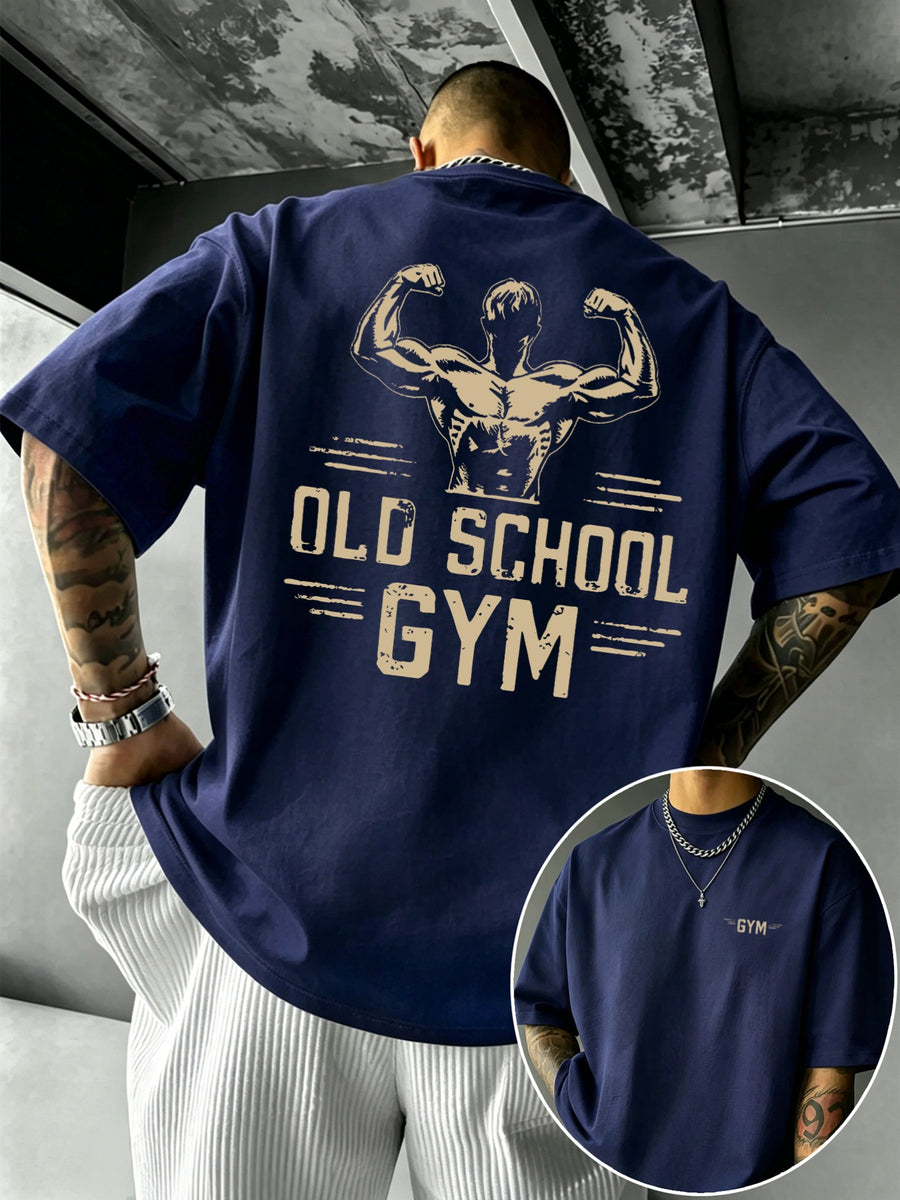 Men'S 100% T-Shirt Retro Fitness Muscle Pattern Comfortable Breathable Summer Casual Athletic Top - Navy blue color
