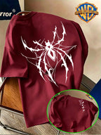 Warner Bros. Authentic Niche Non-Repeating Short-Sleeve Top with Dark Thorn Spider LOGO Print, Suitable for Various Summer Styling, Perfect - Burgundy