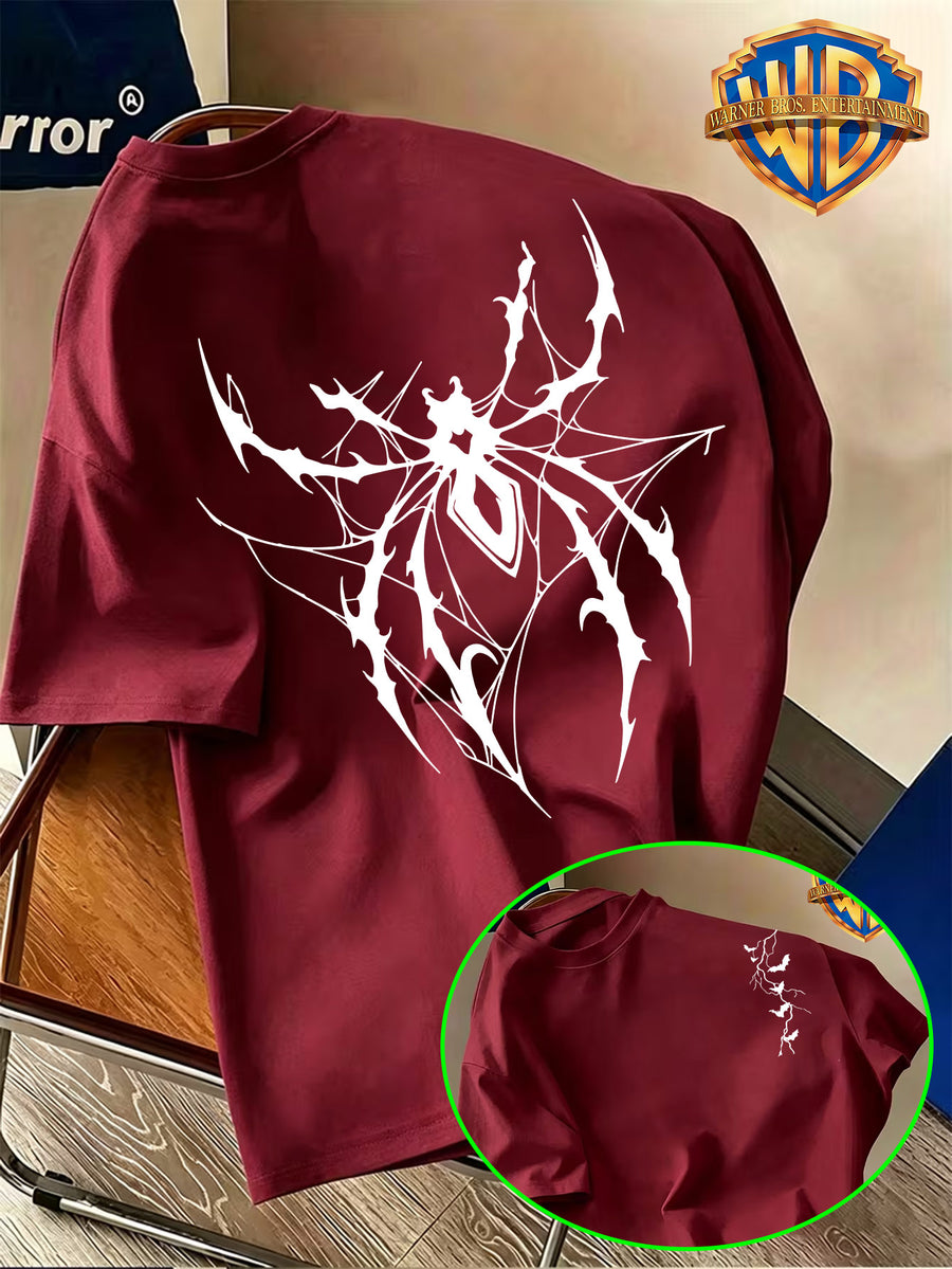 Warner Bros. Authentic Niche Non-Repeating Short-Sleeve Top with Dark Thorn Spider LOGO Print, Suitable for Various Summer Styling, Perfect - Burgundy