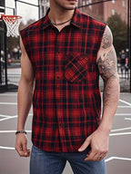 Men'S Summer Sleeveless Plaid Shirt - Raw Edge Cuffs And Lightweight Fit, Beach-To-Street Versatile Style Upgrade - Deep Red