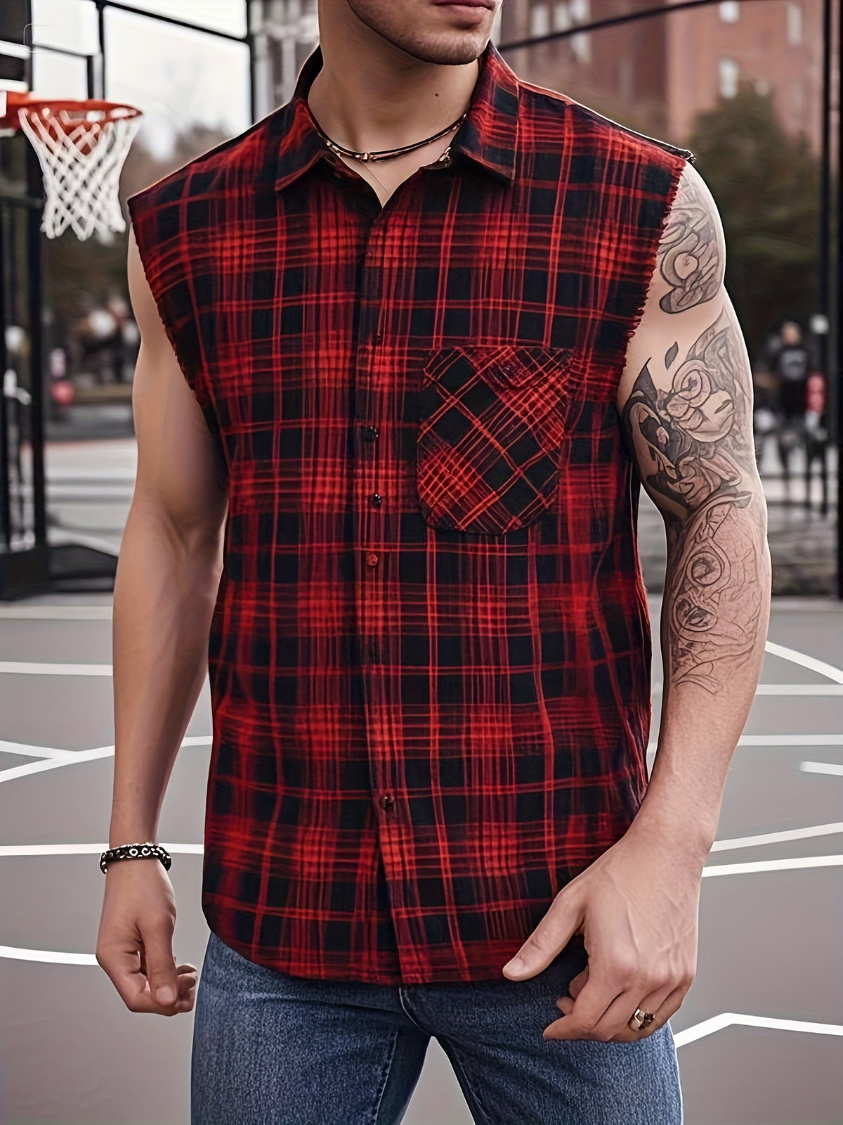 Men'S Summer Sleeveless Plaid Shirt - Raw Edge Cuffs And Lightweight Fit, Beach-To-Street Versatile Style Upgrade - Deep Red