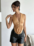 Western Style Temperament Hollow Neck Backless Top Street Elegant Fashion Tie Vest - Khaki