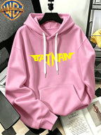 [Warner Bros. Official] Autumn/Winter Streetwear Fashion Men's Drawstring Pocket Hoodie Sweatshirt, Ripped Color Ink Batman Comic Book Cool Print Design, Sporty Style Loose Fit Hoodie, for Daily Casual Wear, Men's Trendy Fashion, Suitable for Home - Pink Color