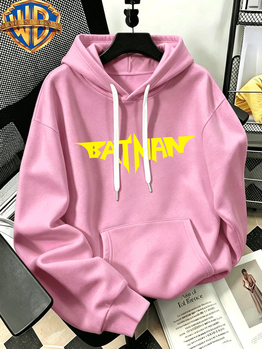 [Warner Bros. Official] Autumn/Winter Streetwear Fashion Men's Drawstring Pocket Hoodie Sweatshirt, Ripped Color Ink Batman Comic Book Cool Print Design, Sporty Style Loose Fit Hoodie, for Daily Casual Wear, Men's Trendy Fashion, Suitable for Home - Pink Color