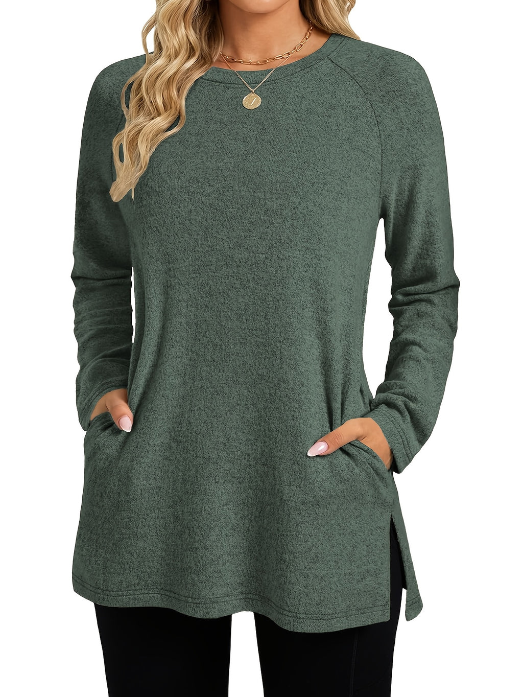 Women's Oversized Longline T-Shirt with Pockets - Loose-Fit Round Neck Long Sleeve -Compatible Basic Top, Solid Color Machine Washable - Casual Basic Wardrobe Staple for Layering & Casual Attire (No Transparency) - HempTeal