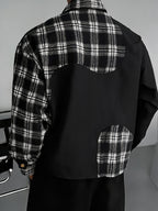 Men's Spring/Autumn Vintage Black and White Checkered Patchwork Long-Sleeve Shirt, Niche Irregular Color-Block Design, Trendy Brand Loose Short Fashion Shirt, Suitable for Daily Casual, Commuting, and Travel - Black