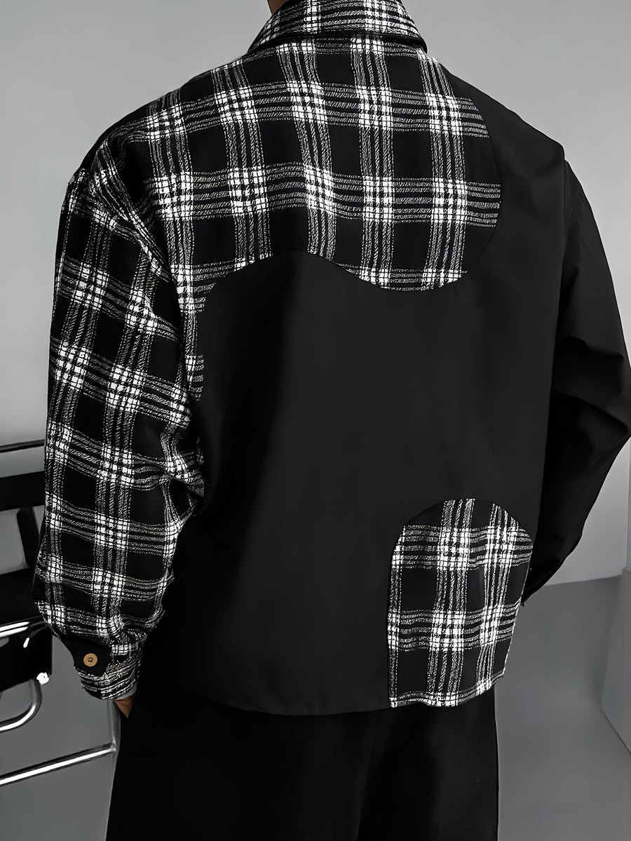 Men's Spring/Autumn Vintage Black and White Checkered Patchwork Long-Sleeve Shirt, Niche Irregular Color-Block Design, Trendy Brand Loose Short Fashion Shirt, Suitable for Daily Casual, Commuting, and Travel - Black