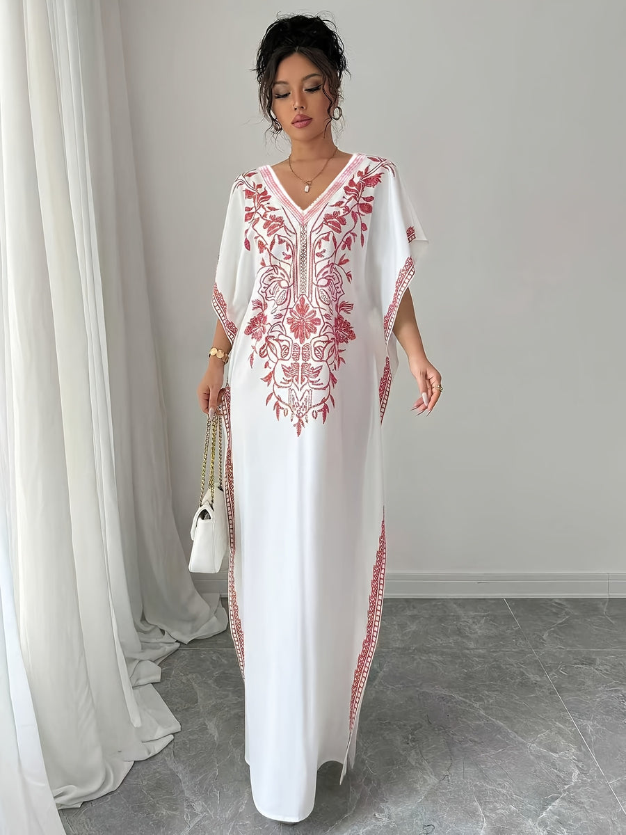 Women'S Summer Elegant Casual Robe, Floral Print V-Neck, Slit Long Dress - Watermelon Red