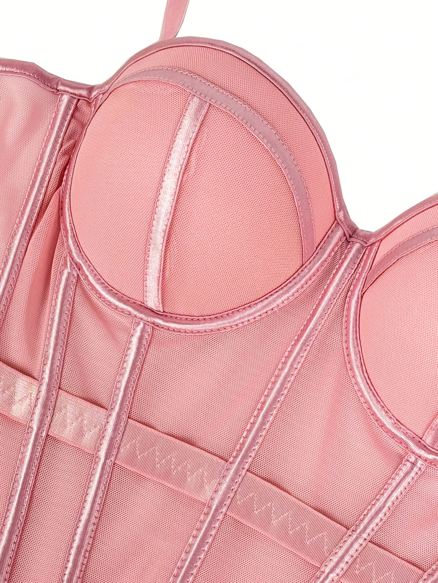Elegant Mesh Sheer Fishbone Bustier, Tummy Control Shapewear Outerwear Elegant Tight Camisole Top, Stage Performance Strappy Top, Women'S Clothing - Pink