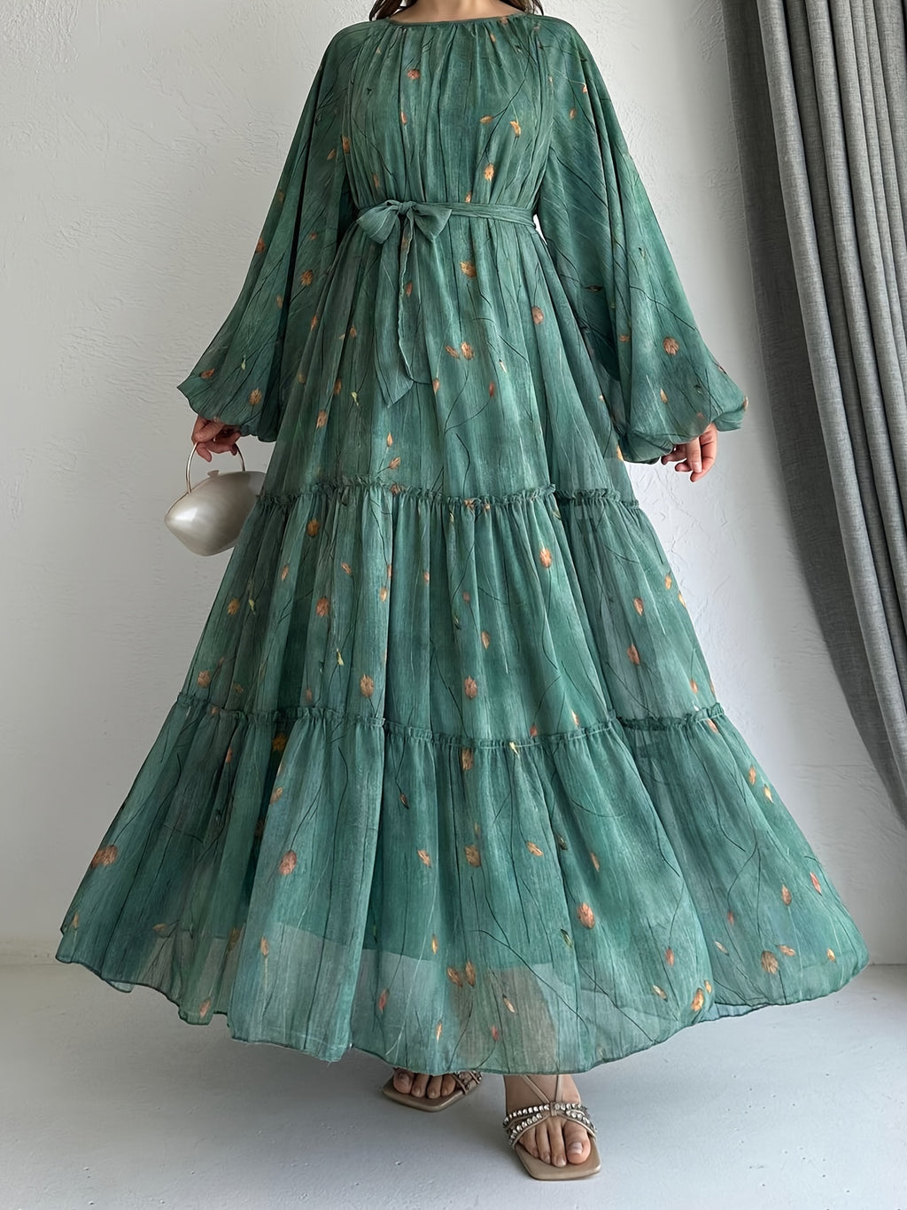 Women's Middle Eastern Muslim Chiffon Print Dress - Dark Cyan