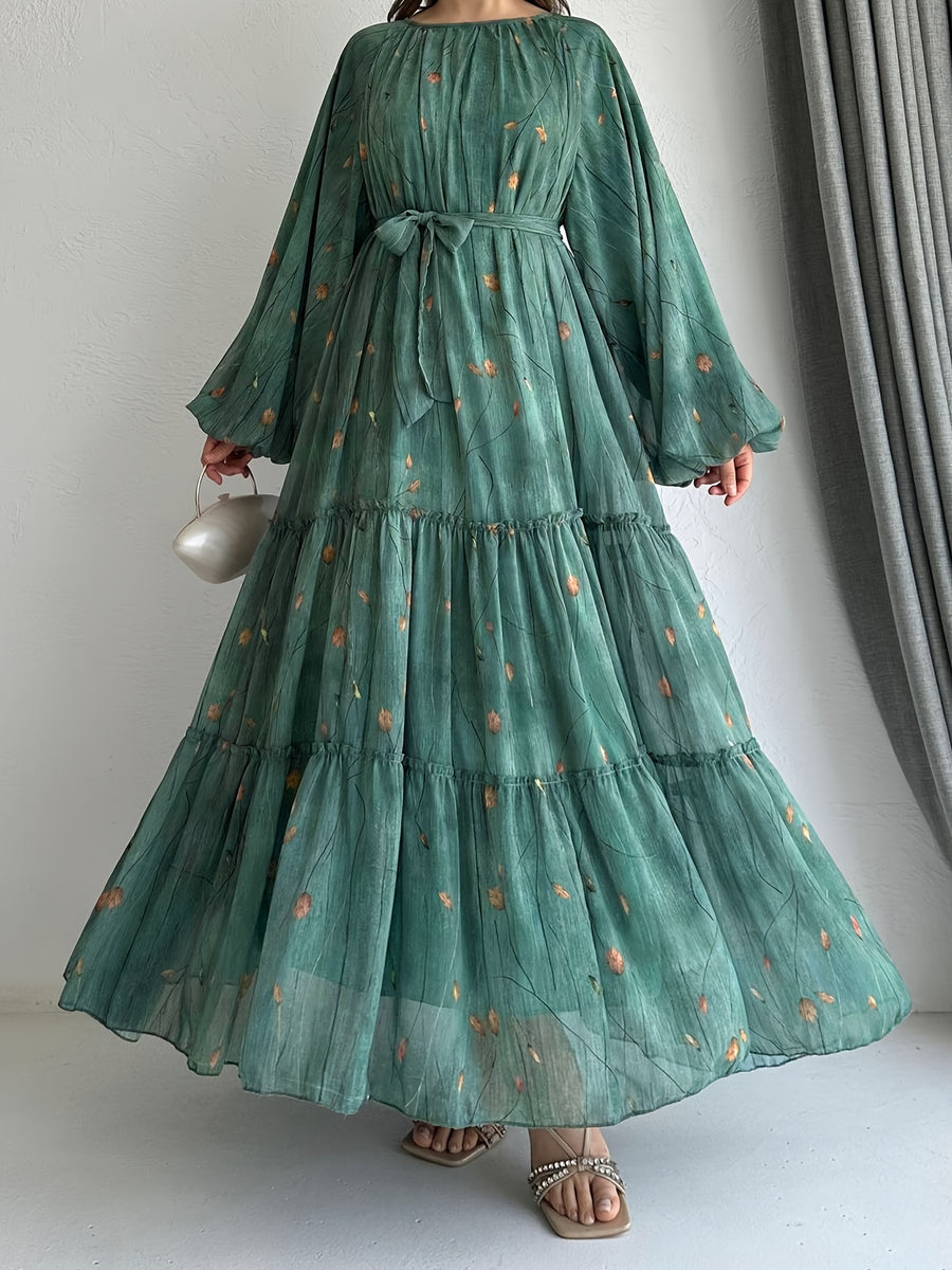 Women's Middle Eastern Muslim Chiffon Print Dress - Dark Cyan